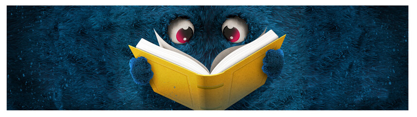 blue hairy monster reading a book