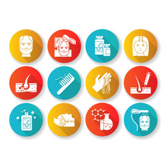 Hair loss flat design long shadow glyph icons set. Hair roots. Alopecia treatment. Hair strands on hand and comd. Physiotherapy and injection for hair thinning. Silhouette RGB color illustration