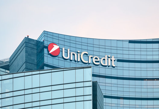 Unicredit bank skyscraper detail at dusk, Milan February 24, 2017 in Milan