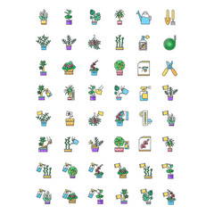Houseplant caring RGB color icons set. Indoor gardening tools and materials. Domesticated plant growing process. Watering, fertilizing. Seed planting, spraying. Isolated vector illustrations