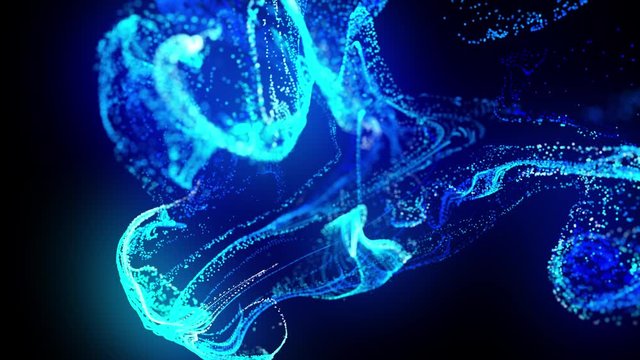 injection of fluorescent blue ink in water in 4k. 3d render of glow particles in ink flow. Luma matte as alpha channel. Background of shiny ink effect advection. 1