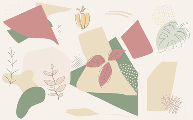 Colorful flowers and leaves poster background vector illustration. Exotic plants, branches, flowers and leaves art print for beauty, fashion and natural products, spa and wellness, wedding and event