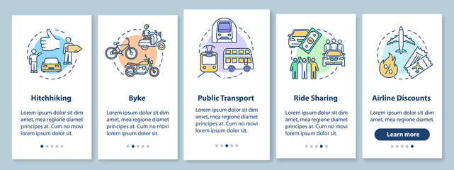 Transport onboarding mobile app page screen with concepts. Hitchhiking and ride sharing. Budget traveling walkthrough five steps graphic instructions. UI vector template with RGB color illustrations