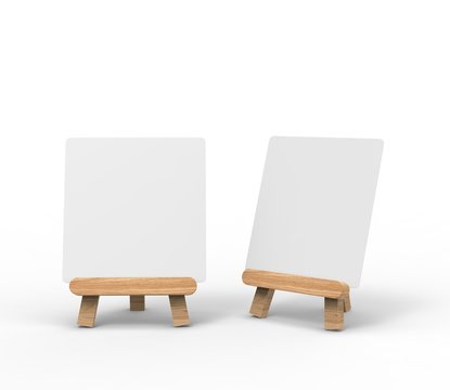 Advertising picture calendar display blank art board  mini easel wooden stand or standee template mock up. 3d render illustration.