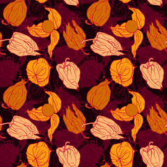 Decorative winter cherry pattern. Vector seamless background. 