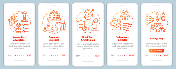 Competitiveness onboarding mobile app page screen with concepts. Cooperation in office. Optimization walkthrough 5 steps graphic instructions. UI vector template with RGB color illustrations