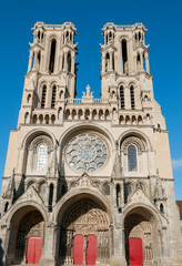 France. Aisne. Laon. La façade de la cathédrale gothique Notre Dame de Laon. The two towers of the Gothic Notre Dame de Laon cathedral. The facade of the Gothic cathedral Notre Dame de Laon.