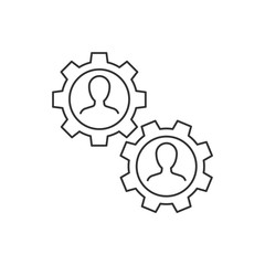 Two workers cooperation linear icon on white background. Men avatar inside gear vector illustration. Editable stroke