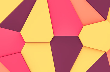 Modern shattered wall texture with warm colors random triangular and polygonal geometric pieces, abstract background, 3d Rendering