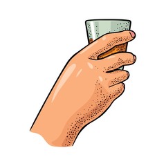 Female hand holding glass rum. Vintage vector engraving