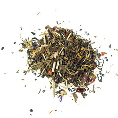 pile of natural green tea mix contains lemon balm, rose hip, elderberry, fennel and mallow flowers