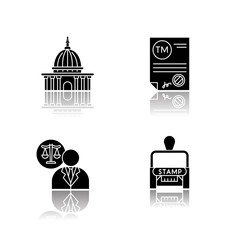 Notary services drop shadow black glyph icons set. Apostille and legalization. Notarized document. Trademark certificate. Supreme court. Lawyer. Stamp. Isolated vector illustrations on white space