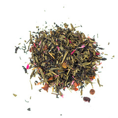 pile of natural black and green tea mix contains raisins, rose hips, currants, hibiscus, red cornflower