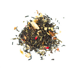 pile of natural black and green tea mix contains banana and strawberry slices, sunflower and pomegranate petals