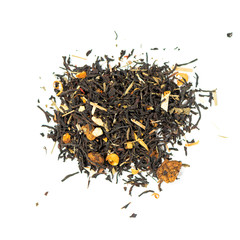 pile of natural black tea mix contains orange petals and zest, lemon grass, safflower, mint and aloe
