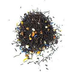 pile of natural black tea contains slices of peach, mango, orange zest, sunflower petals and...