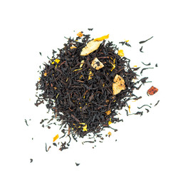pile of natural whole leaf black tea contains strawberries, banana, mango, sunflower petals