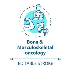 Bone and musculoskeletal oncology concept icon. Bone and muscle cancer treatment. Recovery from injuries idea thin line illustration. Vector isolated outline RGB color drawing. Editable stroke