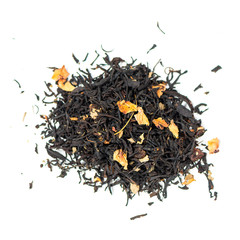 pile of natural whole leaf black tea contains currant leaves, rose petals, strawberries, pineapple and papaya