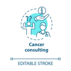 Fototapeta na wymiar Cancer consulting concept icon. Consultant giving information in health problems to patient. Healthcare idea thin line illustration. Vector isolated outline RGB color drawing. Editable stroke