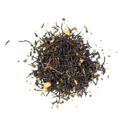 pile of natural whole leaf black tea with blackberries, cranberries, strawberry leaves, pomegranate petals, apple, rosehip seeds