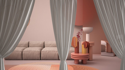 White openings curtains overlay colorful living room, interior design background, front view, clipping path, vertical folds, soft tulle textile texture, stage concept with copy space