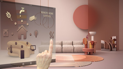 Smart home control concept, hand controlling digital interface from mobile app. Background showing pastel colored living room with sofa and carpet, architecture interior design