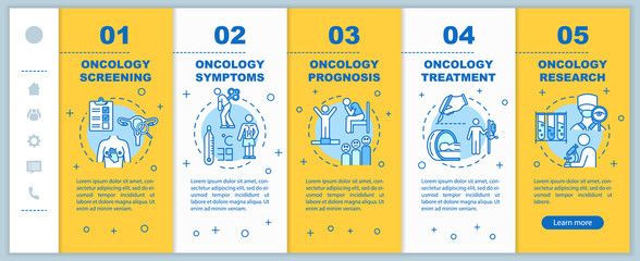 Naklejka premium Oncology onboarding vector template. Illness research and treatment. Responsive mobile website with icons. Cancer symptoms and prognosis. Webpage walkthrough step screens. RGB color concept