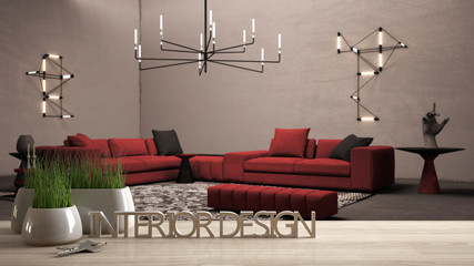 Wooden table, desk or shelf with potted grass plant, house keys and 3D letters making the words interior design, over blurred red living room, project concept copy space background