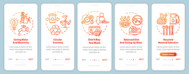 Naklejka premium Responsible consumption onboarding mobile app page screen with concepts. Recycle, ecology. Consumerism walkthrough 5 steps graphic instructions. UI vector template with RGB color illustrations
