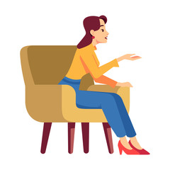 Woman in armchair semi flat RGB color vector illustration. Girl talking and gesticulating. Person taking part in conversation. Interlocutor. Isolated cartoon character on white background