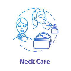 Neck care, skin youth and beauty concept icon. Body moisturizing, beauty products, cream and spray use idea thin line illustration. Vector isolated outline RGB color drawing. Editable stroke