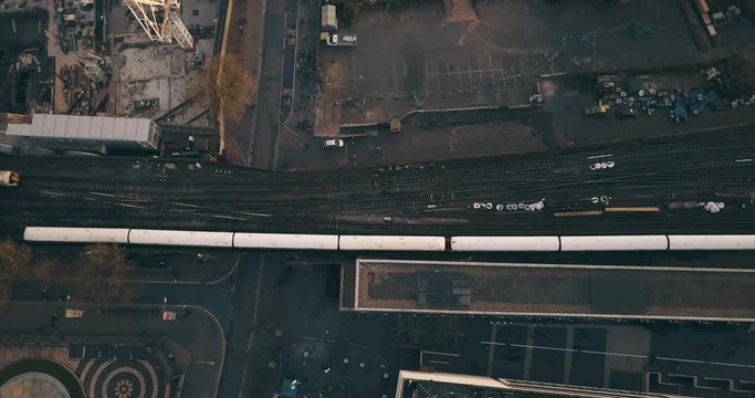Train track with trains passing London Waterloo Aerial top down birds eye view
