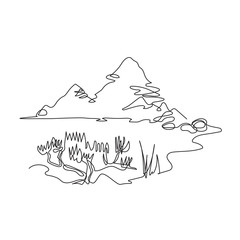 Mountain landscape, drawn in one line. Continuous line. Travels.