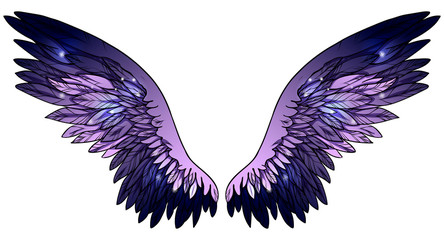 Fototapeta na wymiar Beautiful magic shining glittery violet gradient wings, hand drawn vector