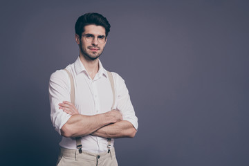 Photo of macho business man arms crossed charming appearance reliable chief dressed formalwear...
