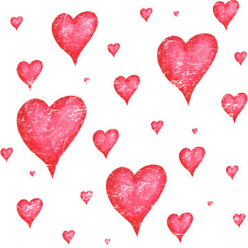 Vintage seamless pattern with watercolor red hearts on white background