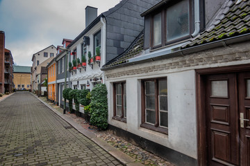 Fototapeta na wymiar Flensburg narrow streets with old homes, Germany