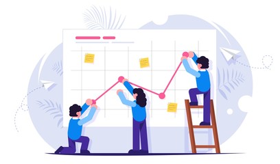 Working in a Team. Teamwork Concept. Business presentation. Business people are pushing up their graph upward. Flat modern illustration for web, print, banner.