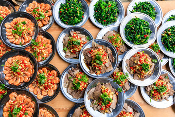 Boiled shrimp and dried beef slices cold dish,Chinese food.top view.
