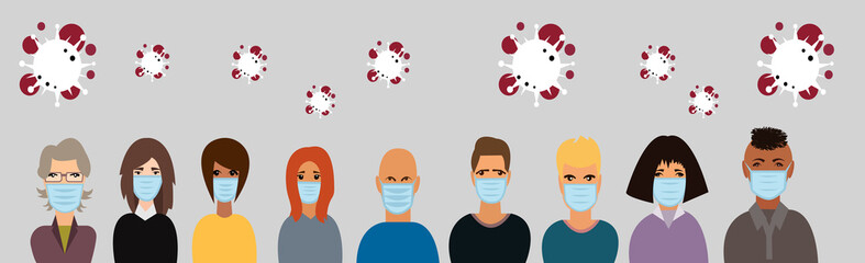 Group of people in protective medical face  masks. Virus. Coronavirus.