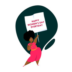 Happy International Woman Day.Feminism concept.Bright African Dark Skin Girl.Eight of March Congratulation.Free Confident Women.Female Empowerment