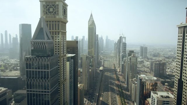 Aerial view of Dubai International Financial Centre DIFC district skyscrapers and the major street, UAE