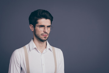 Fototapeta premium Close-up portrait of his he nice attractive experienced skilled intellectual focused brunette guy IT genius startup owner isolated over grey violet purple pastel color background