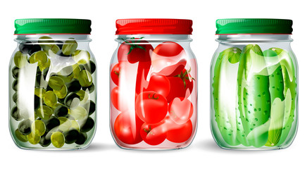 Vector illustration of canned tomatoes, cucumbers and olives in a glass jar with a twist.