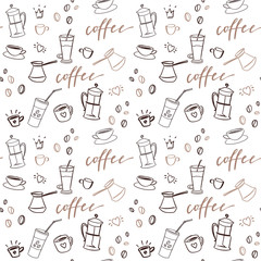 Decorative vector seamless pattern with illustration of cups, coffee beans and handwritten brush lettering. 