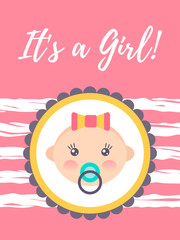 Obraz na płótnie Canvas Vertical baby shower card with a cute baby girl. It’s a girl.