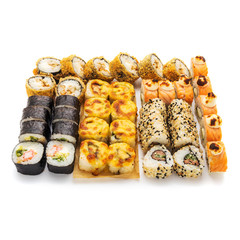 set of Japanese sushi rolls with seafood and fresh fish on a white background isolate