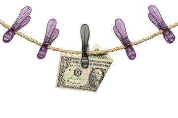 One US Dollar bill note on a washing line