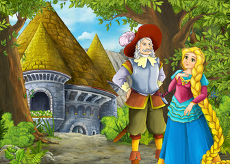 Obraz premium Cartoon nature scene with beautiful castle with prince and princess